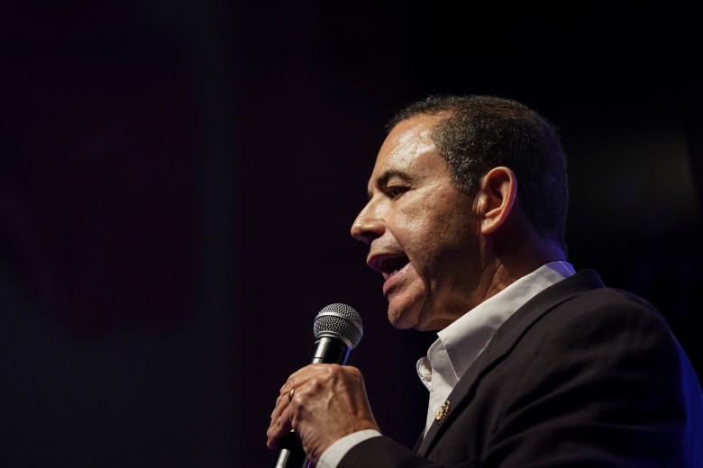 U.S. Rep. Henry Cuellar, D-Laredo, speaks at a rally at the Cine El Rey theater in McAllen on March 9, 2026.