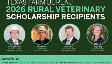 TFB names 2026 Rural Veterinary Scholarship recipients Four students pursuing a Doctor of Veterinary Medicine degree were awarded $20,000 Rural Veterinary Scholarships from Texas Farm Bureau.
