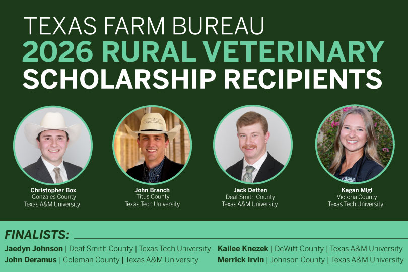 TFB names 2026 Rural Veterinary Scholarship recipients Four students pursuing a Doctor of Veterinary Medicine degree were awarded $20,000 Rural Veterinary Scholarships from Texas Farm Bureau.