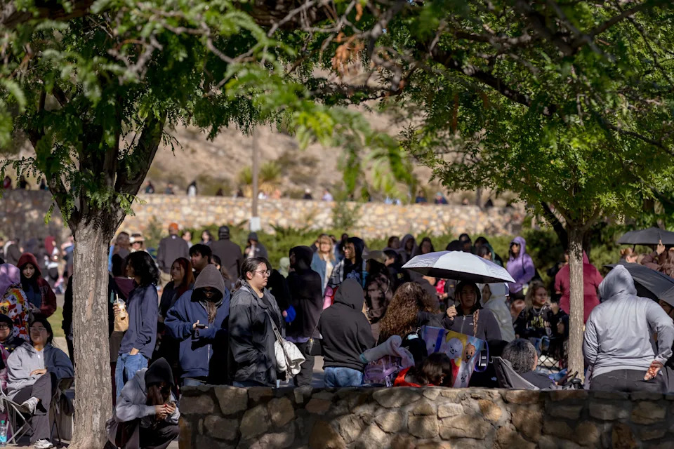 Fans of BTS stand in line to buy merchandise Friday, May 1, 2026, outside the Don Haskins Center in El Paso, Texas, a day before the band’s first concert at Sun Bowl Stadium.