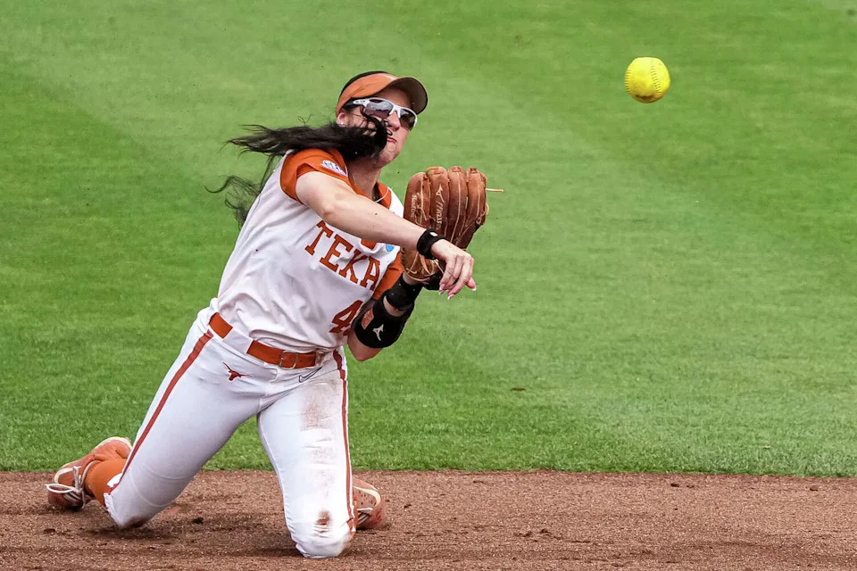 Texas Longhorns infielder Leighann Goode (43) throws the ball to first during the NCAA Softball Championship Regional final against Baylor at Red & Charline McCombs Field on Sunday, May 17, 2026 in Austin. (Aaron E. Martinez/Austin American-Statesman)