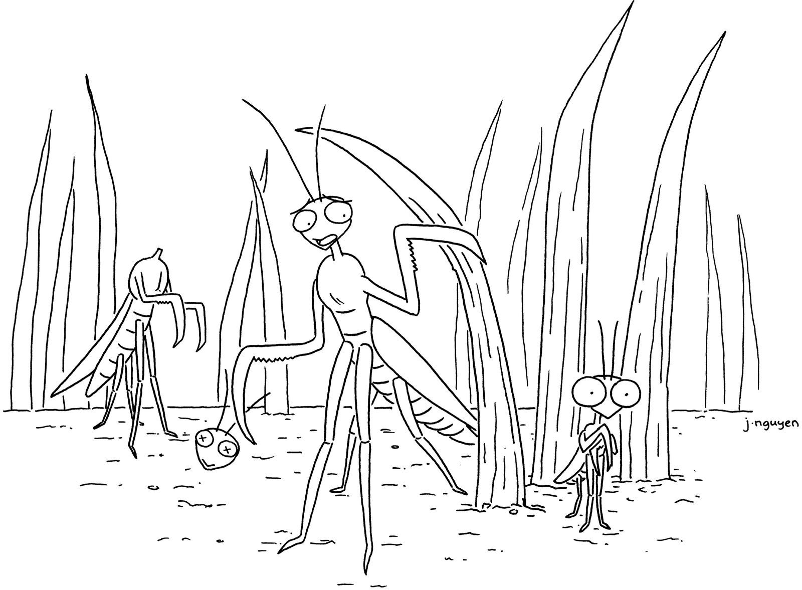Baby praying mantis walks in on mom ripping off dad's head.
