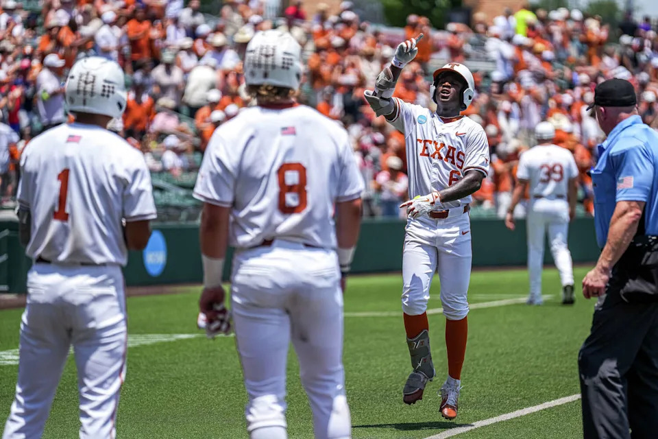 Texas Longhorns outfielder Anthony Pack Jr. (6) celebrates a home run during the NCAA Baseball Regional game against Holy Cross at UFCU Disch-Falk Field on Friday, May 29, 2026 in Austin. (Aaron E. Martinez/Austin American-Statesman)