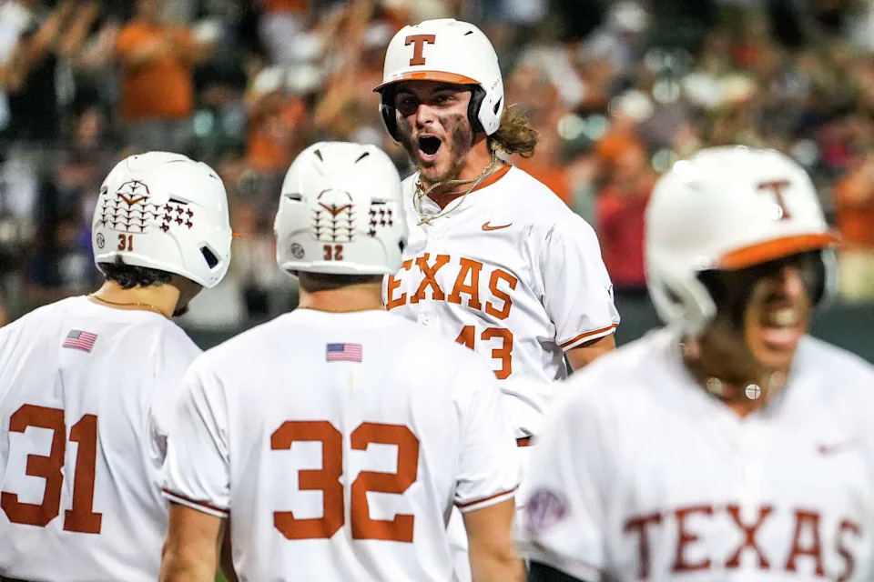 Texas Longhorns outfielder Aiden Robbins (43) celebrates scoring in the eighth inning as the Texas Longhorns take on the UTSA Roadrunners at Disch-Falk Field in Austin, Tuesday, May 5, 2026. Texas won the game 11-8. (Sara Diggins/Austin American-Statesman)