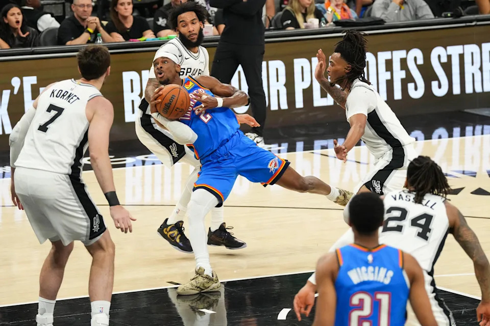 May 24, 2026; San Antonio, Texas, USA; Oklahoma City Thunder guard Shai Gilgeous-Alexander (2) drives the ball in the first quarter against the San Antonio Spurs during game four of the western conference finals for the 2026 NBA playoffs at Frost Bank Center. Mandatory Credit: Scott Wachter-Imagn Images