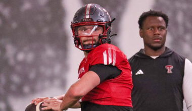 Texas Tech's Brendan Sorsby goes through a drill during spring football practice.