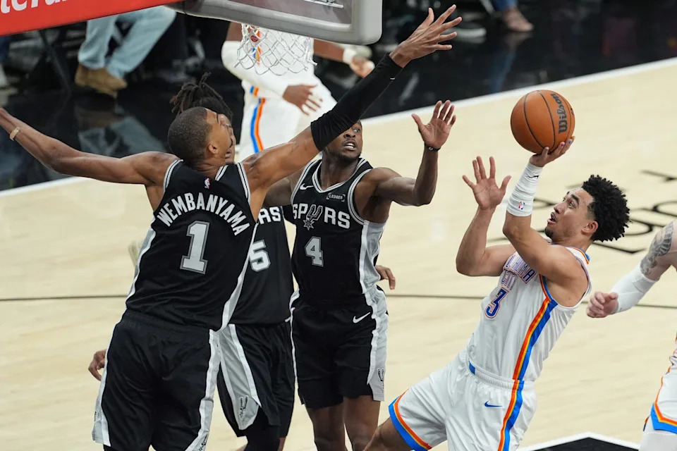 May 28, 2026; San Antonio, Texas, USA; Oklahoma City Thunder guard Jared McCain (3) shoots the ball against the San Antonio Spurs in the second half during game six of the western conference finals for the 2026 NBA playoffs at Frost Bank Center. Mandatory Credit: Daniel Dunn-Imagn Images