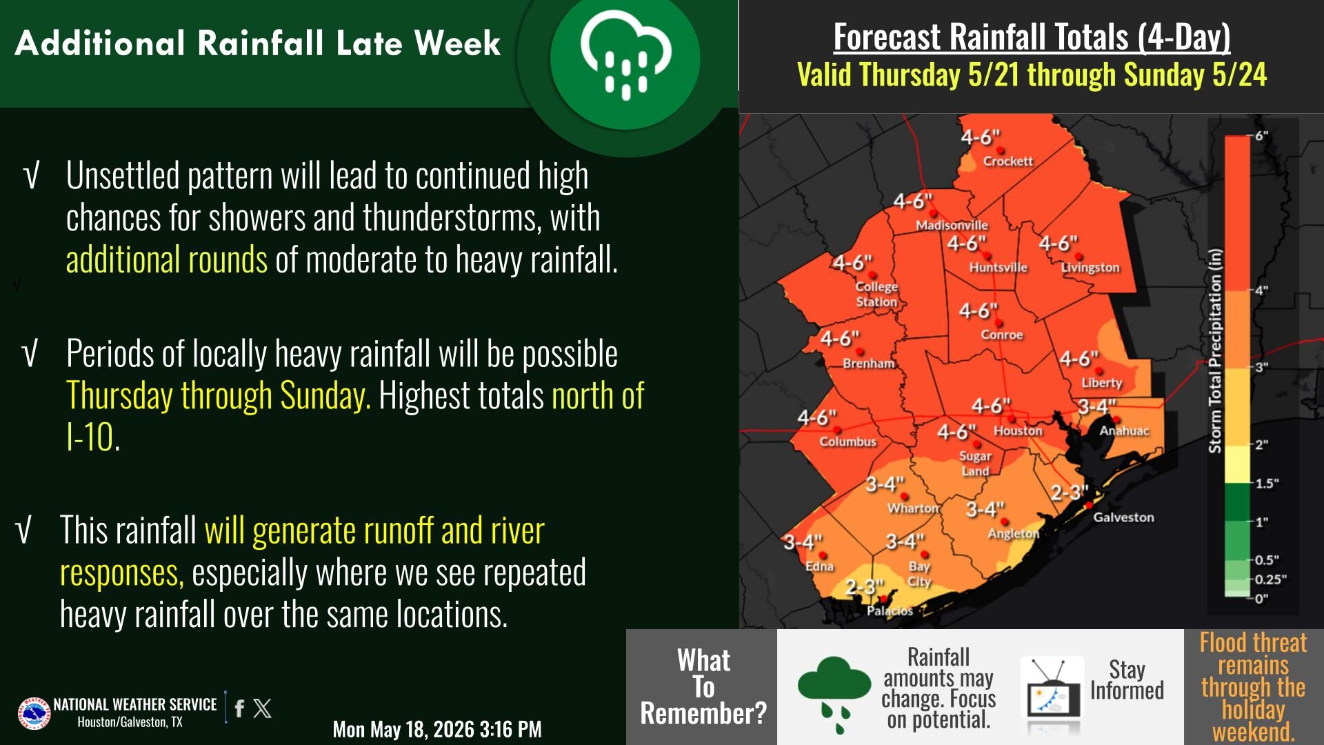 A rain advisory from the Houston-Galveston NWS Office published on May 19, 2026.