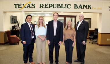 From left, Daniel Nam, Anna Silcox, David Baty, Sheri Mason and Gary Carley all work at Texas Republic Bank. (Community Impact staff)
