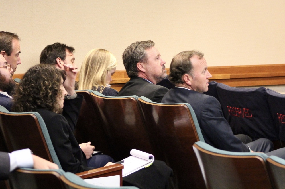 Members of the Eastland family, which runs Camp Mystic, and their legal counsel listen to testimony during an April 28 hearing at the Texas Capitol. (Hannah Norton/Community Impact)
