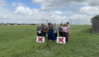 Before Zydeco withdrew its request, Hutto residents gathered April 16 for a press conference opposing the data center at the site where it would have been located. (Brittany Anderson/Community Impact)