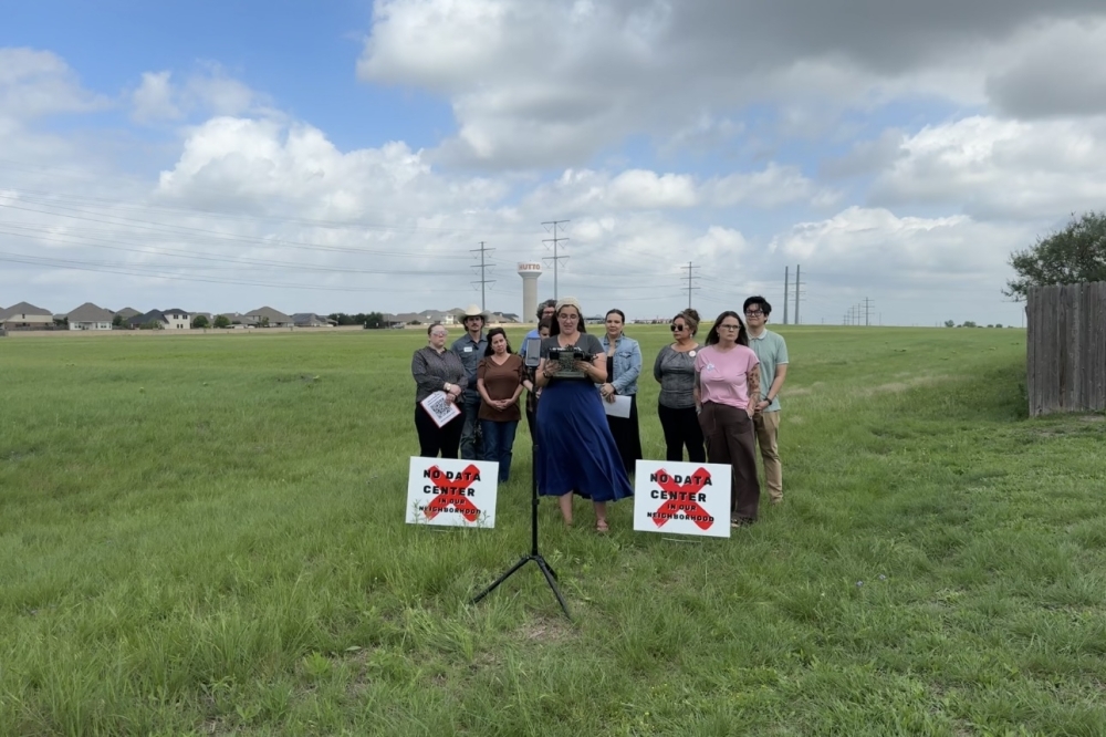 Before Zydeco withdrew its request, Hutto residents gathered April 16 for a press conference opposing the data center at the site where it would have been located. (Brittany Anderson/Community Impact)