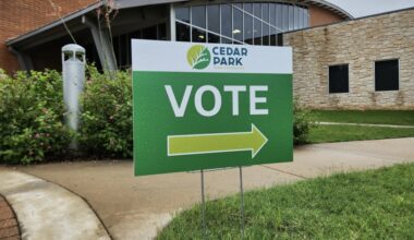 A sign directs voters to the polls at the Cedar Park Recreation Center. 15 proposed charter amendments were on the ballot May 2. (Daniel Schwalm/Community Impact)