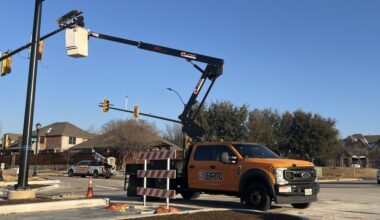 The contractor is now installing signs, pavement striping, and landscaping. The project team is coordinating with Tri-County Electric to schedule crews on-site to provide power to the traffic light, which should be activated by the end of May.  (Cody Thorn/Community Impact)