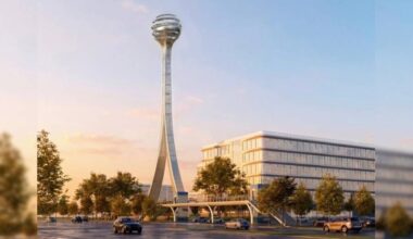The antenna sculpture along Parkwood Boulevard and Legacy Drive is estimated to be up to 280 feet tall. (Rendering courtesy city of Plano)