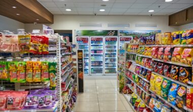 A convenience store will aisles of chips and drink coolers.