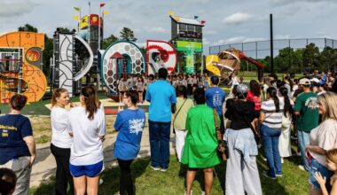 Students, staff and community members gathered April 30 for the unveiling of Summerwood Elementary School's new "Sports All-Star"-themed playground. (Courtesy Humble ISD)