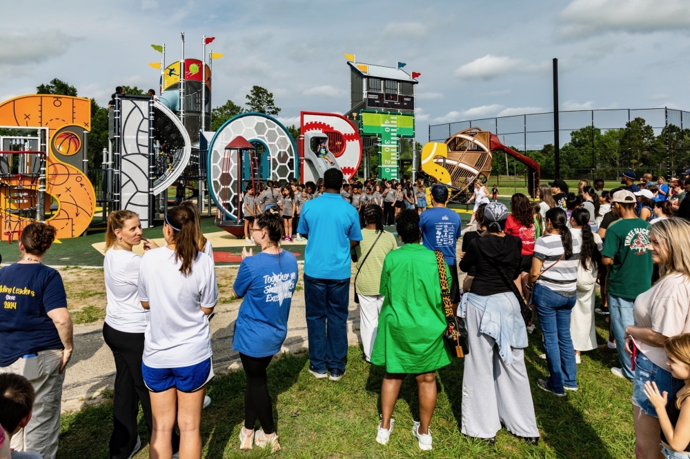 Students, staff and community members gathered April 30 for the unveiling of Summerwood Elementary School's new "Sports All-Star"-themed playground. (Courtesy Humble ISD)