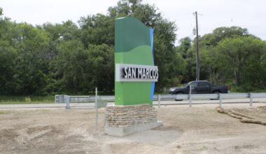 The city of San Marcos has begun installing its first gateway sign along S. I-35 in the along the Texas Department of Transportation right-of-way. (Michael Milliorn/Community Impact)