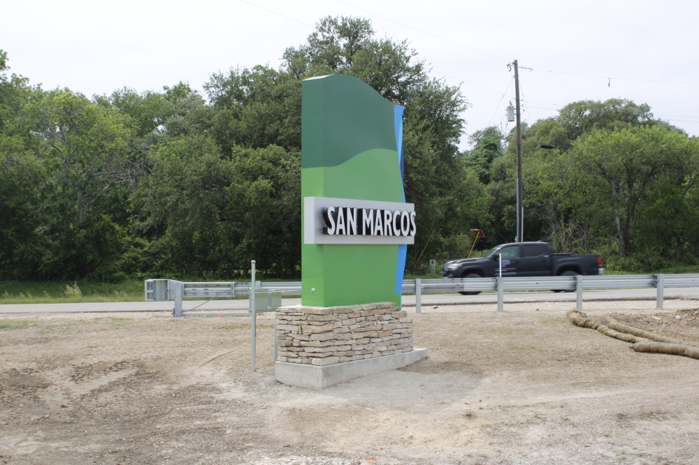 The city of San Marcos has begun installing its first gateway sign along S. I-35 in the along the Texas Department of Transportation right-of-way. (Michael Milliorn/Community Impact)