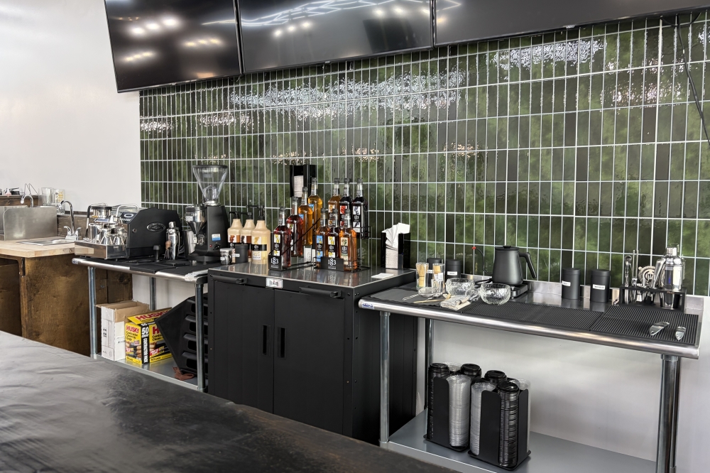 A coffee bar in Manny's Barbershop