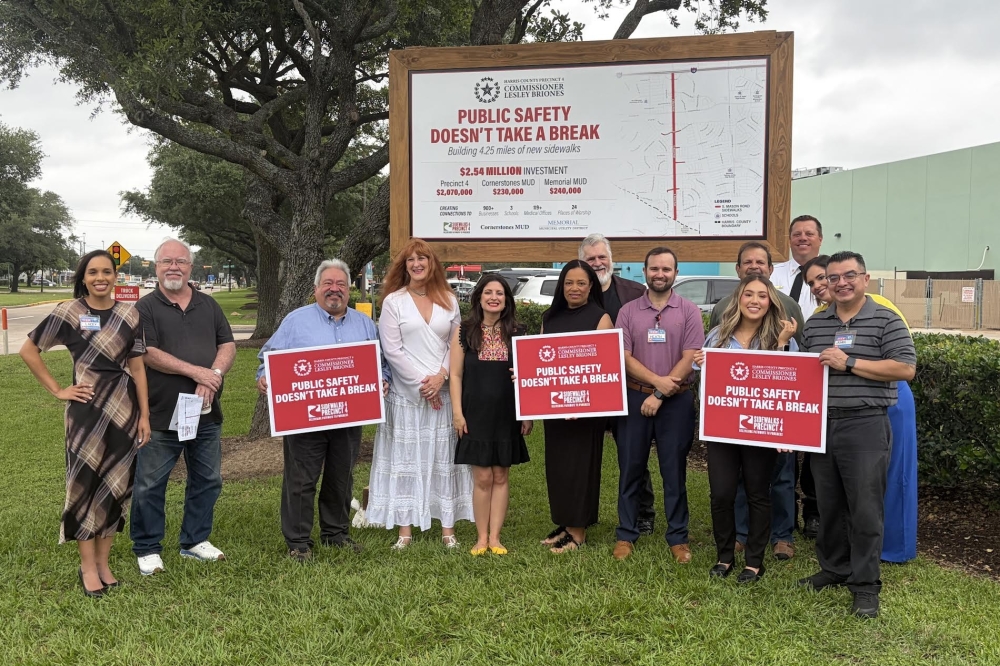 Harris County Precinct 4 Commissioner Lesley Briones held a May 5 news conference to announce the start of construction of 4.25 miles of sidewalk along South Mason Road. (Bradley Dountz/Community Impact)