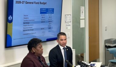 Austin ISD Chief Financial Officer Katrina Montgomery and Superintendent Matias Segura address reporters May 7 about the district's budget. (Elle Bent/Community Impact)