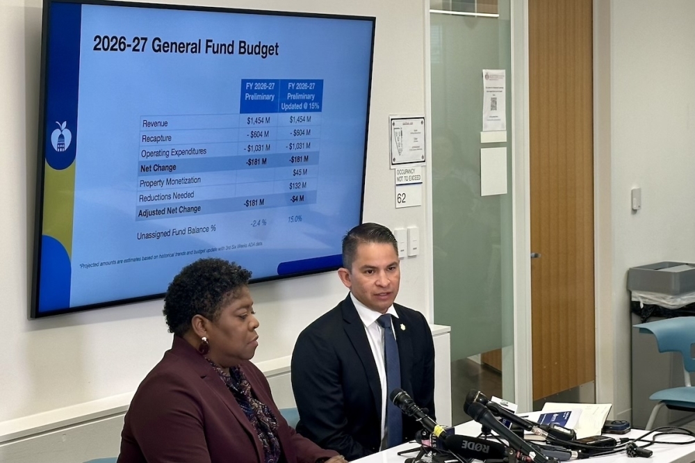 Austin ISD Chief Financial Officer Katrina Montgomery and Superintendent Matias Segura address reporters May 7 about the district's budget. (Elle Bent/Community Impact)