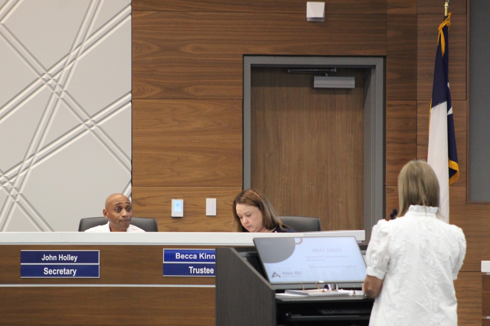 Allen ISD board of trustees member John Holley speaks about salary increases during a workshop meeting held May 11.
