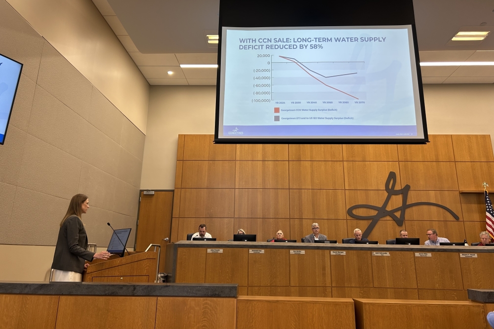The sale of a portion of Georgetown's Certificate of Convenience and Necessity will reduce the city's long-term water needs by 60%, Georgetown Strategic Project Manager Caroline Stewart said May 12. (Gracie Warhurst/Community Impact)