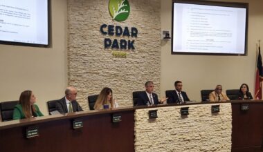 Cedar Park Mayor Jim Penniman-Morin and new council members Darron Jurajda, Michael Endres and Shweta Padmanabha took oath of office May 14. (Daniel Schwalm/Community Impact)