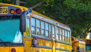 Row of school buses parked on the street. School buses parked in a row under the shade of trees on a sunny street. The buses have red and orange lights, red stop sign, and horns.