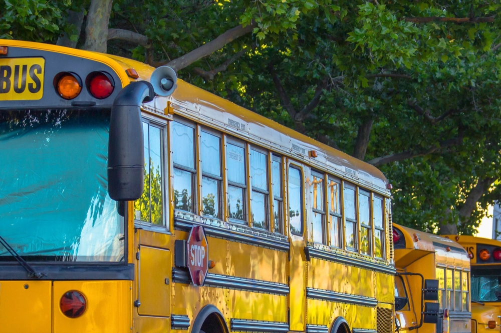 Row of school buses parked on the street. School buses parked in a row under the shade of trees on a sunny street. The buses have red and orange lights, red stop sign, and horns.