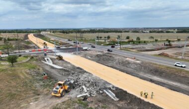 Drone shot of construction on Ronald Regan Boulevard
