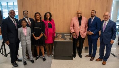 Houston Mayor John Whitmire, right, joined members of the Jackson Lee family for a dedication ceremony at IAH on May 18. (Courtesy Houston Airport System)