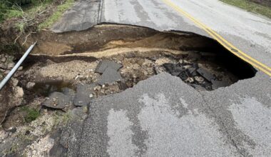 The Public Works Department is assessing the damage on Berry Creek Drive to plan for repairs. (Courtesy Kevin Pitts Facebook)