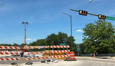 Construction barricades block lanes at San Gabriel Parkway in Leander, where crews are extending the roadway eastward to Ronald Reagan Boulevard. The $7 million project is expected to wrap up in February 2027. (Jessica McLaren/Community Impact)