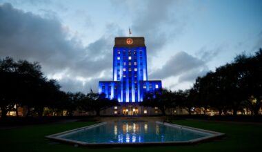 Houston City Hall will illuminate blue at night until the arrival of the 2026 FIFA World Cup tournament in June. (Courtesy Hasan Yousef)