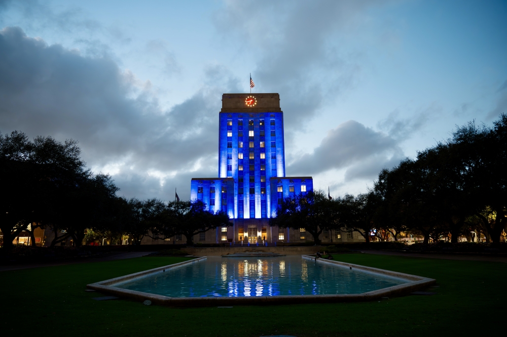 Houston City Hall will illuminate blue at night until the arrival of the 2026 FIFA World Cup tournament in June. (Courtesy Hasan Yousef)