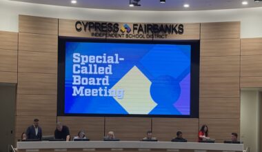 CFISD board of trustees and superintendent sit at the dais, with the screen behind them reading "Special-called board meeting"