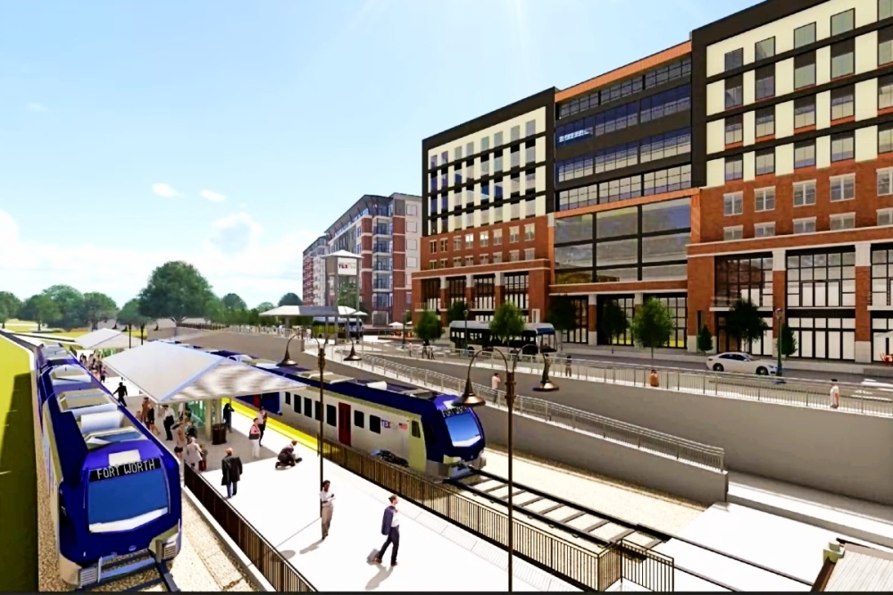 A rendering of a train station with passengers boarding two blue TEXRail trains