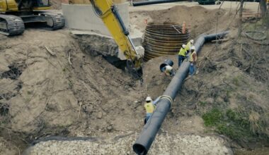 Construction crews work on a temporary bypass waterline on March 6. (Courtesy City of Pflugerville)