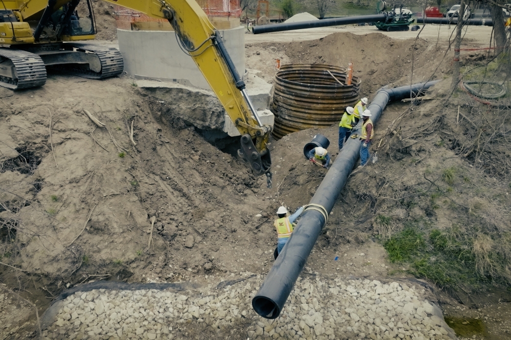 Construction crews work on a temporary bypass waterline on March 6. (Courtesy City of Pflugerville)