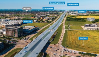 Aerial view of SH 121 with project and city labels overlaid