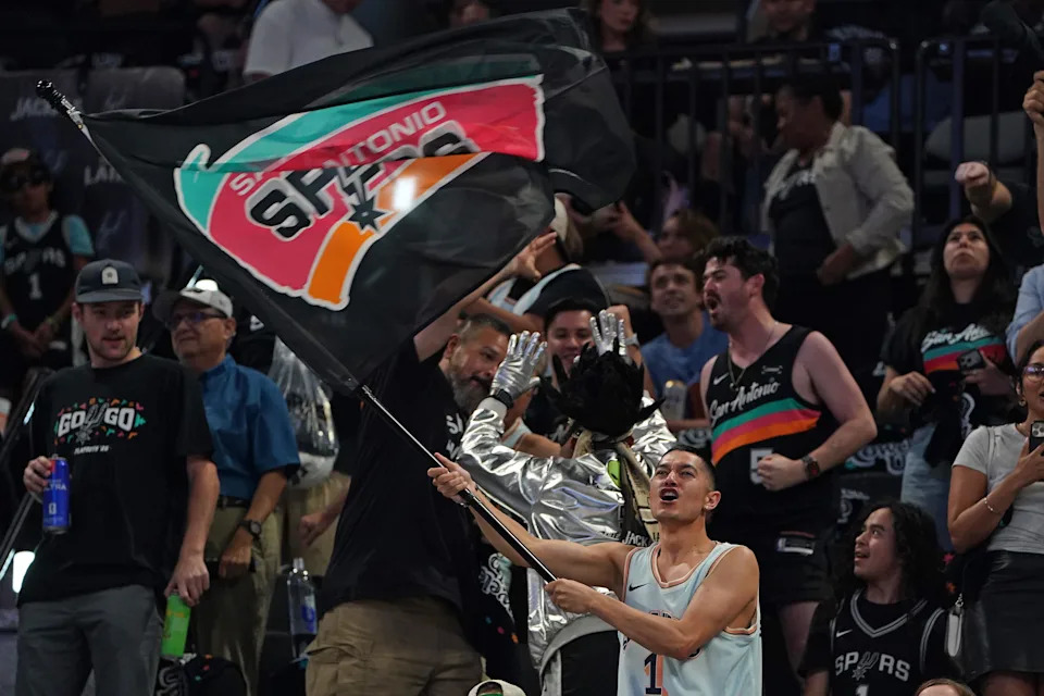 May 28, 2026; San Antonio, Texas, USA; San Antonio Spurs fans react in the first half during game six of the western conference finals for the 2026 NBA playoffs at Frost Bank Center. Mandatory Credit: Dustin Safranek-Imagn Images