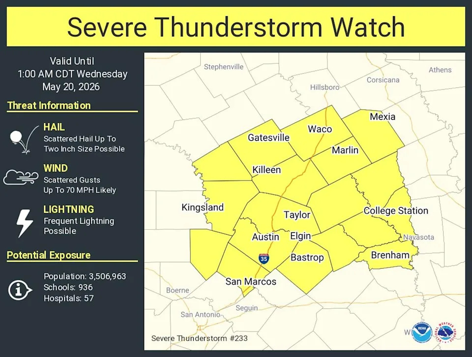 A severe thunderstorm watch has been issued for all of Central Texas until 1 a.m. (National Weather Service)