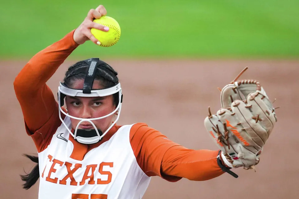 Texas Longhorns starting pitcher Citlaly Gutierrez (77) pitches in the second inning as the Texas Longhorns take on the Oklahoma State Cowgirls at McCombs Field in Austin, April 22, 2026. (Sara Diggins/Austin American-Statesman)