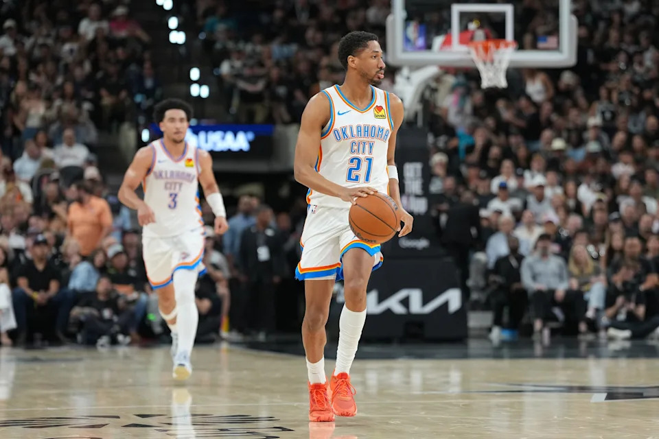 May 28, 2026; San Antonio, Texas, USA; Oklahoma City Thunder guard Aaron Wiggins (21) dribbles the ball against the San Antonio Spurs in the second half during game six of the western conference finals for the 2026 NBA playoffs at Frost Bank Center. Mandatory Credit: Daniel Dunn-Imagn Images
