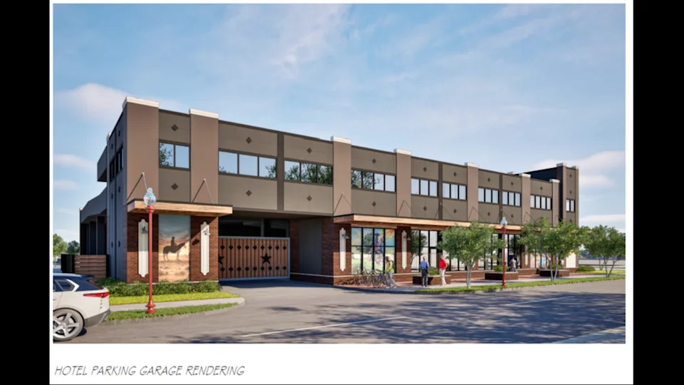 A rendering of a proposed parking garage attached to a new Tempo by Hilton hotel in the Stockyards