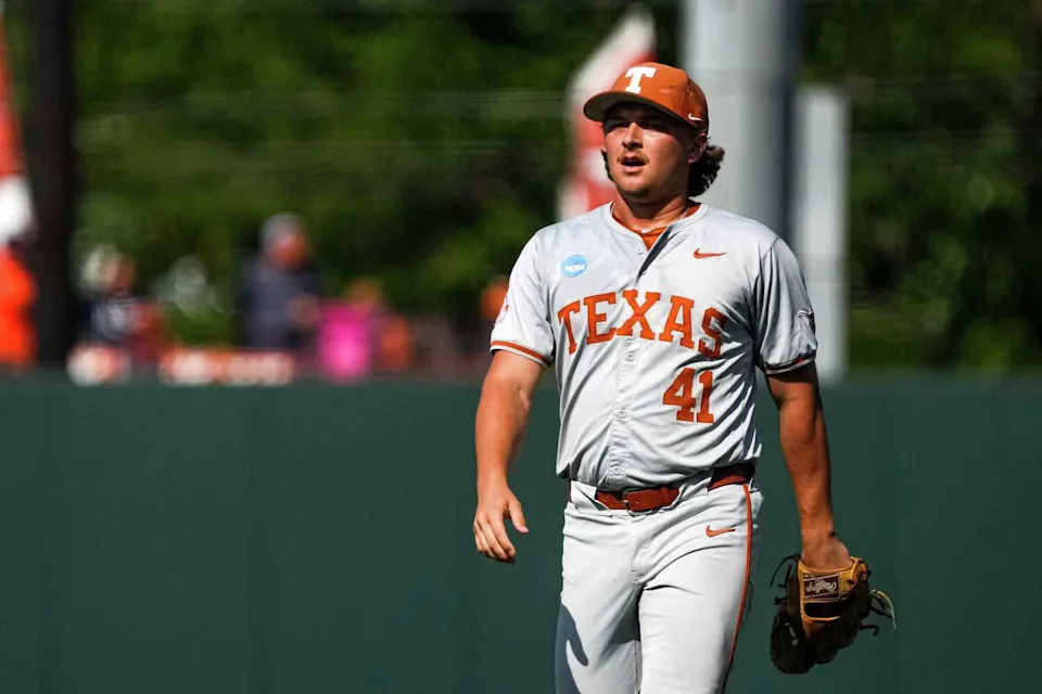 Texas Longhorns pitcher Cody Howard (41) takes the field during the NCAA D1 Baseball Tournament Regional against Kansas State at UFCU Disch-Falk Field on Sunday, June 1, 2025 in Austin, Texas. (Aaron E. Martinez / American Statesman)